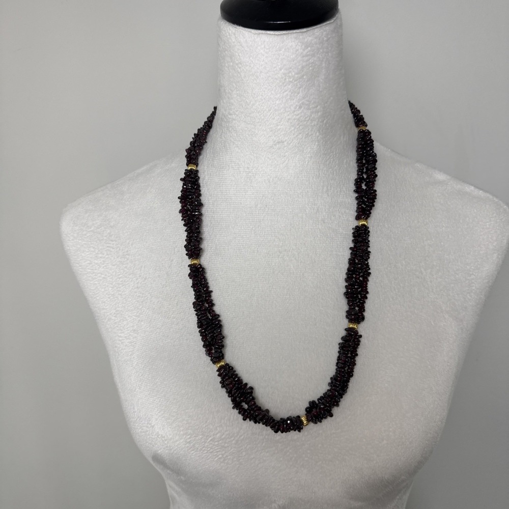 Red Garnet Bead Rope Vintage Necklace Multi-Strand Boho Torsade Style 26" Chunky
